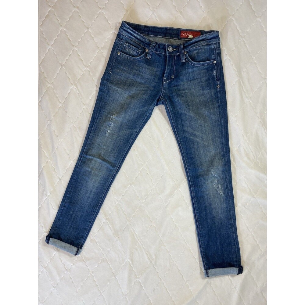 YASO Jeans Womens Size 25 Skinny Distressed Blue Wash Rhinestone Button Denim